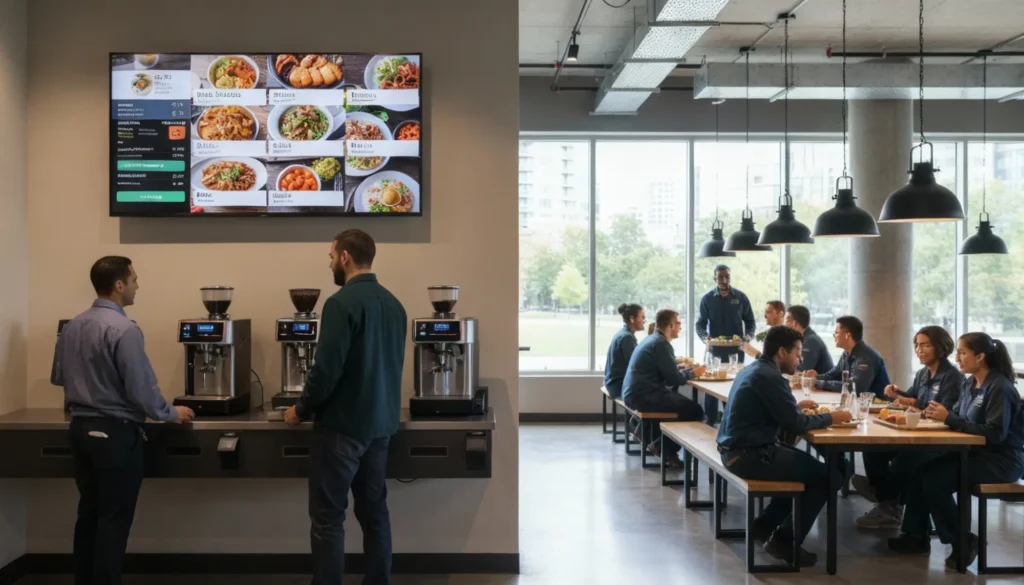 ecran avec logiciel d'affichage dynamique intégré dans un restaurant inter entreprises