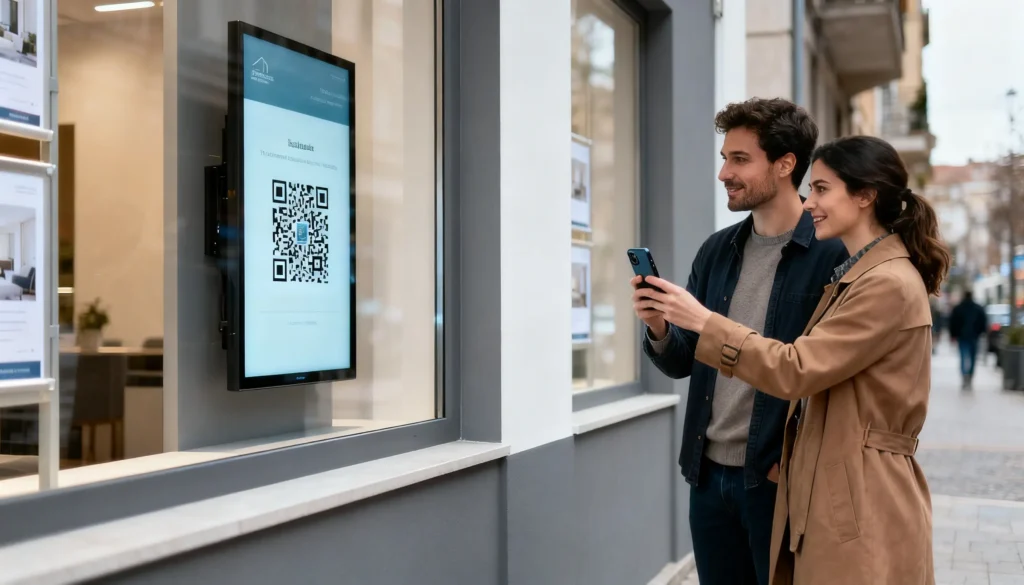 un couple regarde un affichage dynamique en vitrine d'une agence immobilière