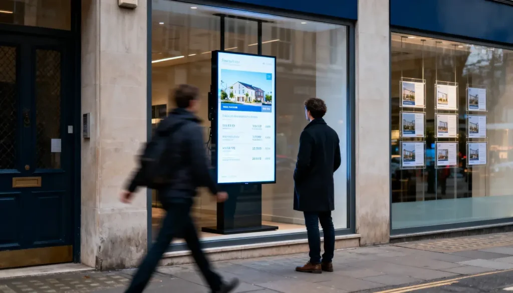 affichage dynamique en vitrine d'une agence immobilière