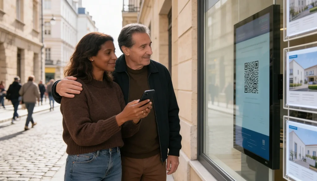 un couple regarde un affichage dynamique en vitrine d'une agence immobilière