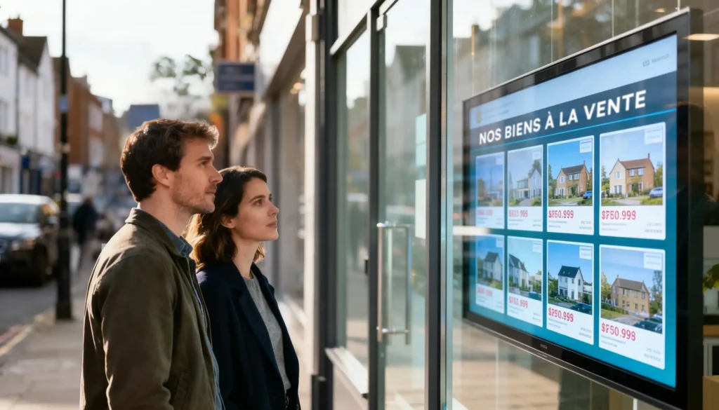 un couple regarde un affichage dynamique en vitrine d'une agence immobilière