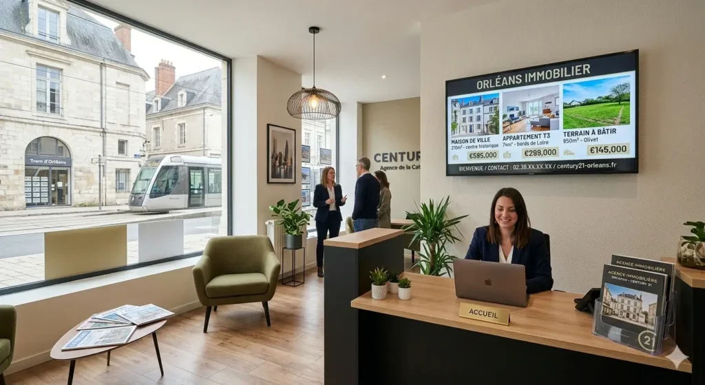 écran intérieur dans l'espace d'accueil d'une agence immobilière