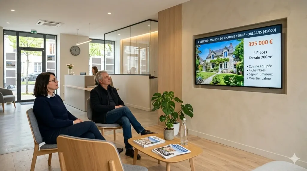 écran d'affichage dynamique dans la salle d'attente d'une agence immobilière
