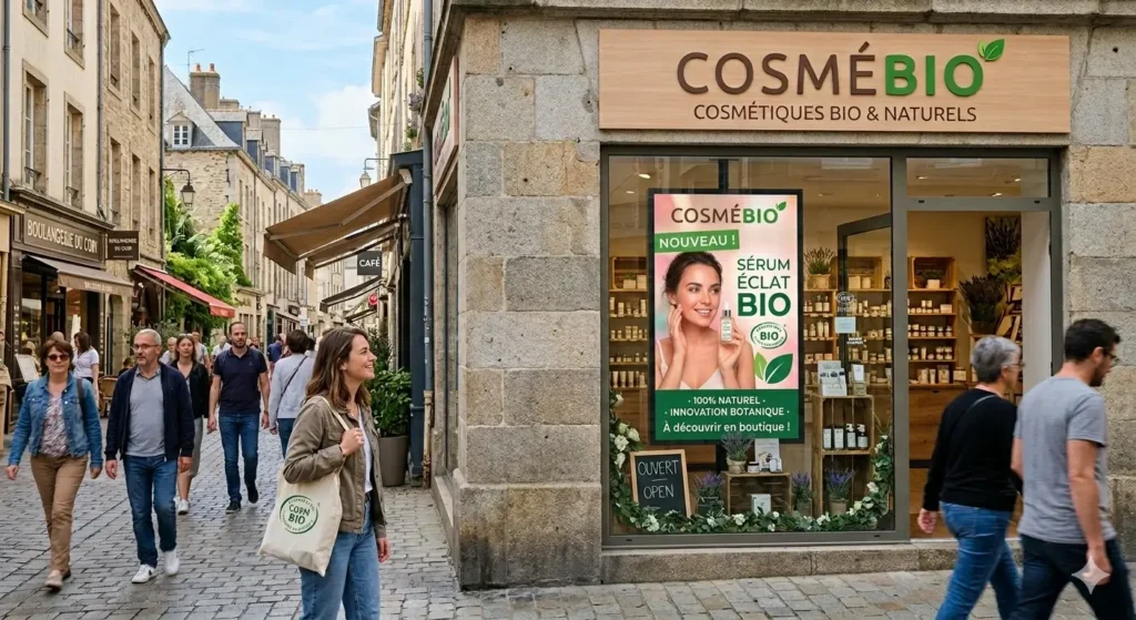 écran en vitrine d'une boutique qui affiche une nouvelle offre pour dynamiser l'activité du point de vente