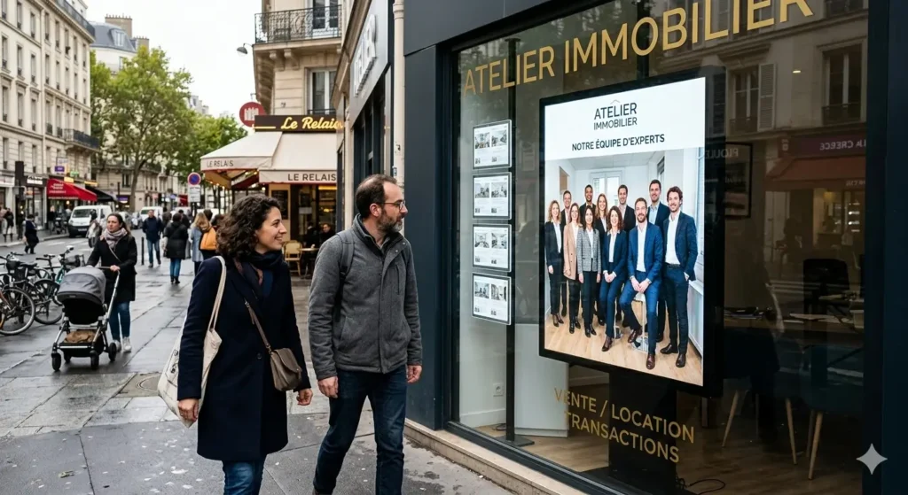 idées de contenu pour l'animation d'un écran en vitrine d'une agence immobilière
