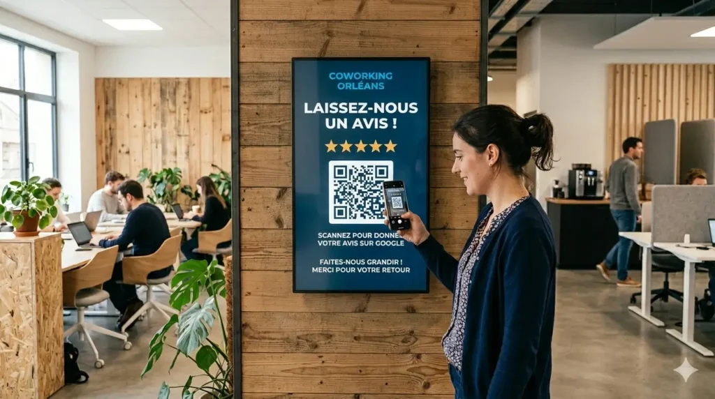 écran d'affichage digital montre un qr code à scanner dans un espace de coworking pour laisser un avis google