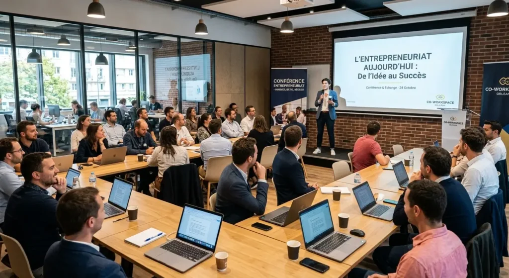 conférence sur l'entrepreneuriat dans une salle de coworking